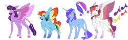 Size: 9500x3000 | Tagged: safe, artist:uunicornicc, rainbow dash, twilight sparkle, oc, alicorn, classical unicorn, pegasus, pony, unicorn, g4, alternate design, cloven hooves, colored wings, family, female, horn, leonine tail, lesbian, magical lesbian spawn, multicolored wings, next generation, offspring, parent:rainbow dash, parent:twilight sparkle, parents:twidash, rainbow wings, ship:twidash, shipping, simple background, twilight sparkle (alicorn), unshorn fetlocks, white background