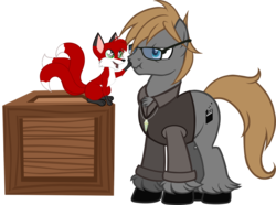 Size: 1238x923 | Tagged: safe, artist:theeditormlp, oc, oc only, oc:the editor, oc:tricky fox, earth pony, kitsune, pony, boop, clothes, crate, glasses, male, shirt, simple background, solo, stallion, transparent background, vector, vest