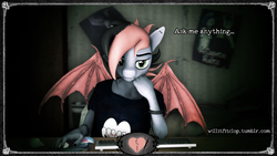 Size: 1920x1080 | Tagged: safe, artist:willitfit, oc, oc:tristan sev, bat pony, anthro, tumblr:ask tristan, 3d, anthro oc, ask, bat pony oc, bat wings, bed, bedroom, closet, clothes, computer mouse, desk, emo, explicit source, eyeliner, eyeshadow, fangs, goth, keyboard, makeup, mousepad, piercing, pink hair, poster, tumblr, two toned mane, webcam, wings