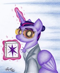 Size: 2020x2473 | Tagged: safe, artist:thechrispony, twilight sparkle, alicorn, pony, g4, book, chest fluff, clothes, crossover, far cry, far cry 5, female, glasses, glowing horn, high res, horn, joseph seed, looking at you, magic, signature, solo, suit, telekinesis, traditional art, twilight sparkle (alicorn)