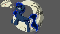 Size: 3840x2160 | Tagged: safe, artist:attacktherain, princess luna, pony, g4, blushing, crescent moon, ethereal mane, female, galaxy mane, gray background, heart, high res, japanese, mare in the moon, moon, simple background, solo, tangible heavenly object, thought bubble