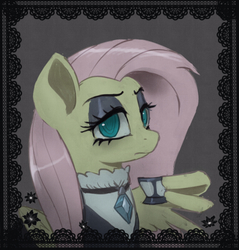 Size: 502x525 | Tagged: safe, artist:grissaecrim, fluttershy, pegasus, pony, fake it 'til you make it, g4, clothes, cup, eyeshadow, female, fluttergoth, looking at you, makeup, mare, solo, teacup, wing hands, wings