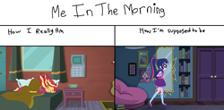 Size: 1552x766 | Tagged: safe, edit, edited screencap, editor:nightshadowmlp, screencap, sci-twi, sunset shimmer, twilight sparkle, equestria girls, g4, monday blues, my little pony equestria girls: summertime shorts, alarm clock, backpack, beanbag chair, bed, book, calendar, chair, clock, comparison, covers, door, mirror, pictures, pillow, text, window