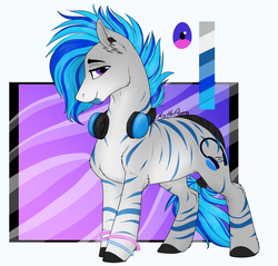 Size: 1117x1067 | Tagged: safe, artist:mythpony, oc, oc only, oc:wild beat, hybrid, zony, headphones, magical lesbian spawn, male, offspring, parent:vinyl scratch, parent:zecora, solo