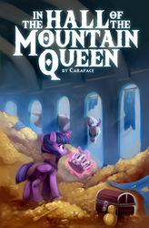 Size: 673x1024 | Tagged: safe, artist:lilfunkman, rarity, twilight sparkle, oc, oc:hadkhûna, alicorn, dragon, pony, fanfic:in the hall of the mountain queen, g4, crown, dragon hoard, dragoness, dragonified, fanfic, fanfic art, fanfic cover, female, glowing horn, gold, hoard, holding, horn, in the hall of the mountain king, jewelry, magic, mare, raridragon, regalia, solo, species swap, tapestry, telekinesis, the hobbit, treasure, treasure chest, twilight sparkle (alicorn), wings