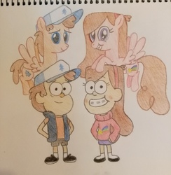 Size: 3120x3191 | Tagged: safe, artist:prinrue, pegasus, pony, clothes, crossover, dipper pines, gravity falls, hat, headband, high res, mabel pines, male, pine tree, ponified, self ponidox, shooting star, sweater, traditional art, vest
