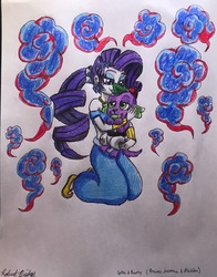 Size: 2607x3331 | Tagged: safe, artist:bozzerkazooers, rarity, spike, dog, equestria girls, g4, aladdin, clothes, cosplay, costume, crossover, high res, hug, ponytail, spike the dog, traditional art