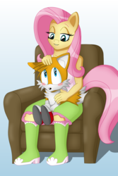 Size: 3495x5243 | Tagged: safe, artist:sergeant16bit, fluttershy, equestria girls, g4, blushing, chair, crossover, cuddling, gradient background, male, miles "tails" prower, petting, sonic the hedgehog (series)