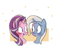 Size: 760x643 | Tagged: safe, artist:drawbauchery, starlight glimmer, trixie, pony, unicorn, g4, blushing, cute, diatrixes, female, glimmerbetes, lesbian, looking at each other, mare, ship:startrix, shipping
