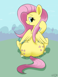 Size: 1741x2294 | Tagged: safe, artist:taurson, fluttershy, pegasus, pony, g4, both cutie marks, female, flutterbutt, giant pony, looking at you, looking back, macro, mare, rear view, smiling, solo