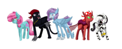 Size: 4938x1989 | Tagged: safe, artist:midnightfire1222, oc, oc only, oc:comettail, oc:gypsy, oc:jewelflame, oc:zipper, oc:zira, changedling, changeling, crystal pony, griffon, hippogriff, zebra, commission, group shot, simple background, transparent background, zebra oc