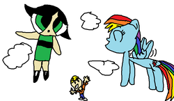 Size: 874x506 | Tagged: safe, artist:nightshadowmlp, rainbow dash, g4, buttercup (powerpuff girls), cloud, codename kids next door, crossover, kids next door, numbuh 4, the powerpuff girls, wallabee beatles