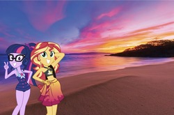 Size: 1889x1245 | Tagged: safe, artist:keronianniroro, editor:php77, sci-twi, sunset shimmer, twilight sparkle, equestria girls, equestria girls series, g4, beach, clothes, equestria girls in real life, horizon, irl, photo, ponies in real life, sarong, shoulder bag, sunset selfie, swimsuit