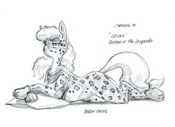Size: 1400x1012 | Tagged: safe, artist:baron engel, oc, oc only, oc:carousel, big cat, earth pony, leopard, pony, bodypaint, clothes, costume, female, grayscale, jewelry, leopard print, mare, monochrome, necklace, paw gloves, pencil drawing, pillow, simple background, solo, story included, traditional art, white background