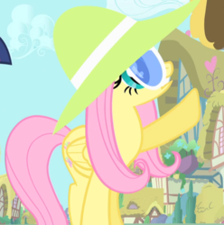Size: 514x519 | Tagged: safe, screencap, fluttershy, g4, green isn't your color, cropped, disguise, hat, sunglasses
