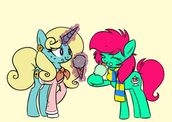 Size: 1631x1152 | Tagged: safe, artist:robiinart, oc, oc only, oc:minty split, oc:seafoam breeze, earth pony, pony, unicorn, ascot, clothes, eyes closed, female, food, ice cream, licking, mare, mother and daughter, scarf, tongue out