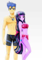 Size: 1600x2263 | Tagged: safe, artist:jotakaanimation, flash sentry, twilight sparkle, equestria girls, g4, adorasexy, bikini, breasts, clothes, cute, female, flash hunktry, male, sexy, ship:flashlight, shipping, simple background, smiling, straight, stupid sexy flash sentry, swimming trunks, swimsuit