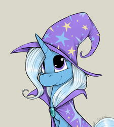 Size: 900x1000 | Tagged: safe, artist:sinrar, trixie, pony, unicorn, g4, cape, clothes, cute, diatrixes, female, hat, mare, simple background, sitting, smiling, solo, trixie's cape, trixie's hat