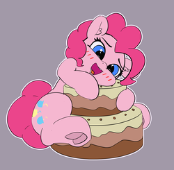 Size: 3335x3271 | Tagged: dead source, safe, artist:pabbley, pinkie pie, earth pony, pony, g4, blushing, cake, cute, diapinkes, drool, ear fluff, female, food, happy, high res, hug, mare, open mouth, simple background, solo, white outline