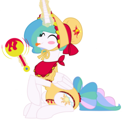 Size: 5706x5571 | Tagged: safe, artist:evilfrenzy, editor:wandering pigeon, princess celestia, alicorn, pony, g4, absurd resolution, bib, blush sticker, blushing, bonnet, bow, cute, cutelestia, diaper, diaper fetish, eyes closed, female, fetish, implied sunset shimmer, magic, mare, non-baby in diaper, onesie, rattle, simple background, smiling, tail bow, telekinesis, tongue out, transparent background