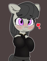 Size: 2445x3145 | Tagged: safe, artist:pabbley, octavia melody, earth pony, pony, g4, blushing, brown background, clothes, cute, female, floating heart, heart, high res, hnnng, looking at you, mare, simple background, solo, tavibetes