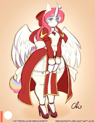 Size: 892x1155 | Tagged: safe, artist:nekocrispy, oc, oc only, oc:nekonin, alicorn, anthro, alicorn oc, anthro oc, arm hooves, blushing, bottom heavy, bottomless, clothes, crossdressing, crossover, curved horn, curvy, digital art, ear fluff, femboy, garter belt, gradient background, high heels, horn, looking at you, male, no panties, priest, ragnarok online, ribbon, shoes, signature, smiling, socks, solo, stallion, stockings, thick, thigh highs, trap, wide hips