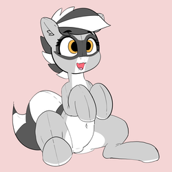 Size: 3809x3794 | Tagged: safe, artist:pabbley, oc, oc only, oc:bandy cyoot, pony, raccoon pony, belly button, cute, fangs, female, high res, open mouth, plushie, pubic mound, sitting, smiling, solo, spread legs, spreading