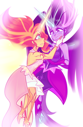 Size: 1086x1661 | Tagged: safe, artist:femujoshi, artist:pandamonzter, sci-twi, sunset shimmer, twilight sparkle, equestria girls, g4, my little pony equestria girls: friendship games, bare shoulders, crying, daydream shimmer, duo, female, lesbian, midnight sparkle, midnightdaydream, ship:sci-twishimmer, ship:sunsetsparkle, shipping, simple background, sleeveless, strapless, white background