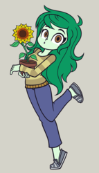 Size: 2000x3500 | Tagged: safe, artist:khuzang, wallflower blush, a friendship to remember, equestria girls, equestria girls series, forgotten friendship, g4, most likely to be forgotten, caught, clothes, cute, female, flower, flowerbetes, high res, long hair, looking at you, pants, shoes, solo, sweater, wallflower and plants, whistling