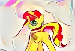 Size: 605x412 | Tagged: safe, anonymous artist, sunset shimmer, pony, unicorn, g4, abstract background, female, solo