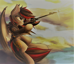 Size: 2583x2235 | Tagged: safe, artist:blvckmagic, oc, oc only, oc:tomoko tanue, bat pony, pony, umbreon, fallout equestria, anti-tank rifle, bat wings, clothes, cloud, cloudy, cutie mark, female, flying, gun, high res, hoodie, hooves, mare, pokémon, rifle, sky, sniper rifle, solo, weapon