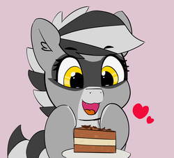 Size: 2231x2023 | Tagged: safe, artist:pabbley, oc, oc only, oc:bandy cyoot, pony, raccoon pony, cake, cute, dish, fangs, female, food, happy, heart, high res, looking at you, open mouth, raised hoof, smiling, solo, tiramisu