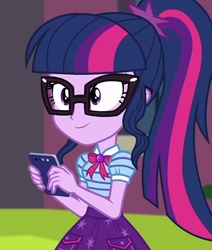 Size: 611x720 | Tagged: safe, screencap, sci-twi, twilight sparkle, equestria girls, g4, my little pony equestria girls: better together, text support, adorkable, cellphone, cropped, cute, female, geode of telekinesis, glasses, magical geodes, phone, ponytail, smartphone, solo, twiabetes