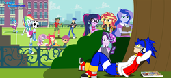 Size: 4566x2102 | Tagged: safe, artist:trungtranhaitrung, idw, apple bloom, dj pon-3, flash sentry, princess luna, rainbow dash, sci-twi, scootaloo, starlight glimmer, sunset shimmer, sweetie belle, timber spruce, twilight sparkle, vice principal luna, vinyl scratch, equestria girls, g4, crossover, cutie mark crusaders, equestria girls-ified, headphones, male, sonic the hedgehog, sonic the hedgehog (series), wat, wtf fanfiction