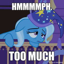 Size: 1080x1080 | Tagged: safe, screencap, trixie, pony, unicorn, g4, official, to where and back again, female, hat, image macro, meme, nightcap, sick, solo, trixie's nightcap, trixie's wagon