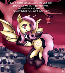 Size: 1600x1800 | Tagged: safe, artist:sugar morning, derpibooru exclusive, fluttershy, bat pony, pony, fake it 'til you make it, g4, apple, black, candle, clothes, commission, dark, eyeshadow, female, flutterbat, fluttergoth, food, goth, makeup, on side, piercing, race swap, rotten apple, solo, tree, wings