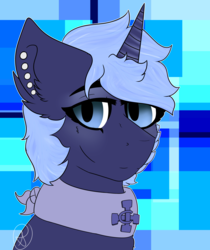 Size: 4200x5000 | Tagged: safe, artist:diane-thorough, oc, oc only, oc:blizzard shard, pony, unicorn, absurd resolution, bust, collar, gift art, horn, male, smiling, smirk, solo