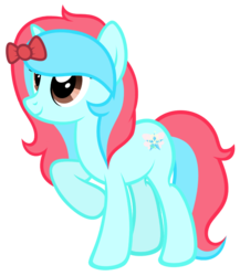 Size: 579x668 | Tagged: safe, artist:comfydove, oc, oc only, oc:blue pixie, pony, unicorn, birthday gift, bow, digital art, female, gift art, hair bow, mare, multicolored hair, multicolored mane, multicolored tail, paint.net, raised hoof, simple background, solo, standing, transparent background, vector
