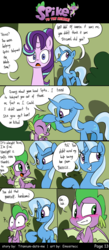 Size: 800x1842 | Tagged: safe, artist:emositecc, spike, starlight glimmer, trixie, dragon, pony, unicorn, comic:spike to the rescue, g4, molt down, blushing, comic, dialogue, head rub, implied shipping, implied spixie, implied straight, nudge, one eye closed, speech bubble, winged spike, wings, wink