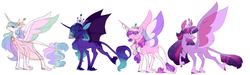 Size: 10000x3000 | Tagged: safe, artist:uunicornicc, princess cadance, princess celestia, princess luna, twilight sparkle, alicorn, classical unicorn, pony, unicorn, g4, alicorn tetrarchy, alternate design, bat wings, clothes, cloven hooves, coat markings, colored ears, colored hooves, crown, dappled, ethereal mane, female, horn, horn jewelry, jewelry, leonine tail, looking back, mare, missing cutie mark, profile, raised hoof, regalia, scar, see-through, simple background, spread wings, starry mane, twilight sparkle (alicorn), unshorn fetlocks, veil, white background, wings