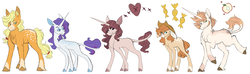 Size: 8500x2500 | Tagged: safe, artist:uunicornicc, applejack, rarity, oc, oc:apple chip, oc:butterscotch, oc:heart stitcher, earth pony, pony, unicorn, g4, applejack's hat, chest fluff, cloven hooves, coat markings, cowboy hat, dappled, ear fluff, eyeshadow, facial hair, female, hair tie, hat, height difference, horn, leonine tail, lesbian, long horn, looking back, magical lesbian spawn, makeup, male, mare, missing accessory, missing cutie mark, next generation, offspring, parent:applejack, parent:rarity, parents:rarijack, physique difference, reference sheet, ship:rarijack, shipping, simple background, size difference, smiling, stallion, unshorn fetlocks, white background