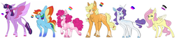 Size: 5500x1200 | Tagged: safe, artist:uunicornicc, applejack, fluttershy, pinkie pie, rainbow dash, rarity, twilight sparkle, alicorn, earth pony, pegasus, pony, unicorn, alternate design, big ears, chest fluff, cloven hooves, coat markings, colored hooves, colored wings, dappled, ear fluff, eyeshadow, female, hair tie, leonine tail, looking back, makeup, mane six, mare, missing accessory, missing cutie mark, one eye closed, raised hoof, reference sheet, simple background, size difference, smiling, spread wings, thick eyebrows, tongue out, twilight sparkle (alicorn), white background, wings