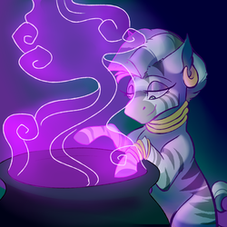 Size: 3000x3000 | Tagged: safe, artist:uunicornicc, zecora, pony, zebra, g4, cauldron, ear piercing, earring, female, fumes, gradient background, high res, jewelry, lidded eyes, mare, piercing, sitting, smiling, solo