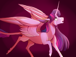 Size: 4000x3000 | Tagged: safe, artist:uunicornicc, twilight sparkle, alicorn, pony, g4, crying, female, gradient background, leonine tail, looking up, mare, open mouth, solo, spread wings, twilight sparkle (alicorn), wings