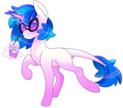 Size: 2469x2150 | Tagged: safe, artist:uunicornicc, dj pon-3, vinyl scratch, pony, unicorn, g4, coffee, coffee cup, cup, female, freckles, glowing horn, high res, horn, leonine tail, magic, mare, missing cutie mark, simple background, solo, telekinesis, transparent background, unicorn frappuccino, vinyl's glasses, walking