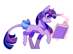 Size: 4000x3000 | Tagged: safe, artist:uunicornicc, twilight sparkle, pony, unicorn, g4, belle, book, bow, cute, female, glowing horn, horn, leonine tail, magic, mare, reading, simple background, smiling, solo, tail bow, telekinesis, unicorn twilight, walking, white background