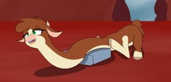 Size: 1280x614 | Tagged: safe, artist:astr0zone, arizona (tfh), cow, them's fightin' herds, community related, female, impossibly long neck, long neck, lying down, massage, necc, pillow, rub, solo