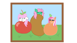 Size: 1920x1080 | Tagged: safe, artist:cherry1cupcake, oc, oc:cherry cerise, oc:peachy, cherry, food, happy, peach, potato