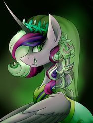Size: 3000x4000 | Tagged: safe, artist:uunicornicc, queen chrysalis, alicorn, changeling, changeling queen, pony, a canterlot wedding, g4, abstract background, clothes, disguise, disguised changeling, dress, fake cadance, fangs, female, floral head wreath, flower, looking at you, profile, slit pupils, solo, spread wings, veil, wings