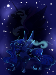 Size: 1200x1600 | Tagged: safe, artist:uunicornicc, nightmare moon, princess luna, alicorn, pony, g4, abstract background, crying, cutie mark, duality, ethereal mane, female, glowing horn, grin, helmet, horn, jewelry, looking down, mare, regalia, smiling, spread wings, starry mane, wings
